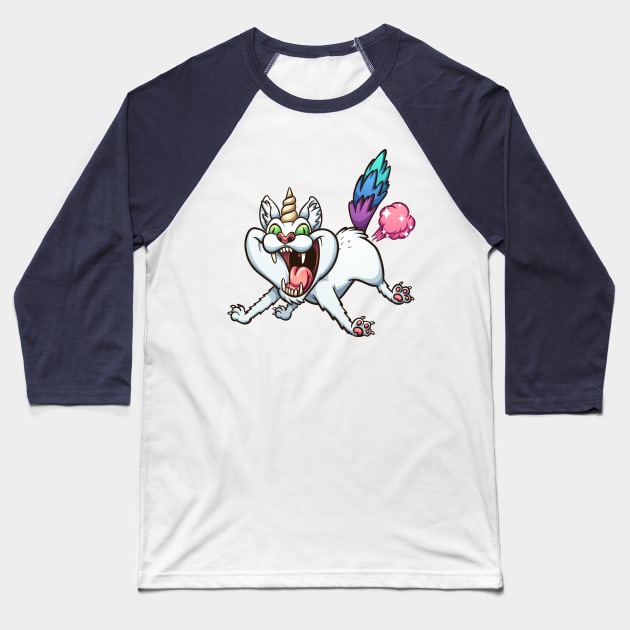 Crazy farting caticorn Baseball T-Shirt by memoangeles